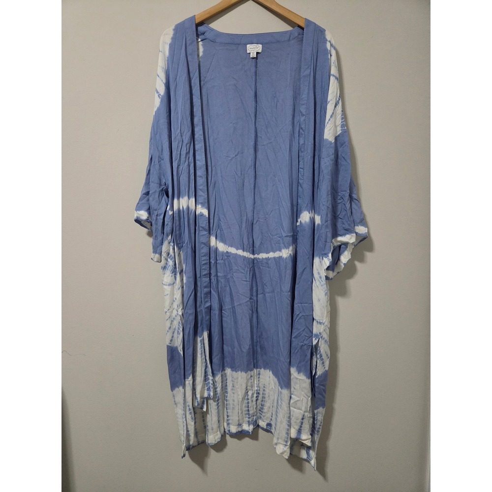 Mud Pie Blue White Tie Dye Kimono Wrap Open Front Beach Cover Up One Size